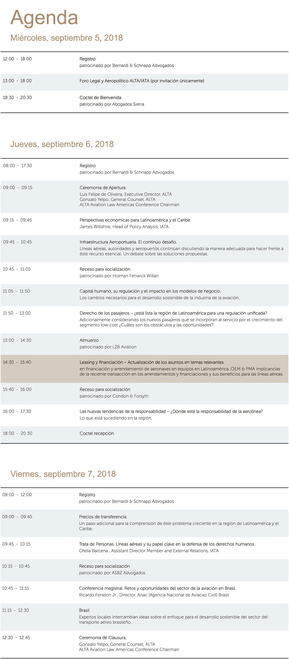 Agenda ALTA (Aviation Law Americas) septiembre 5-7 en Miami(Florida)